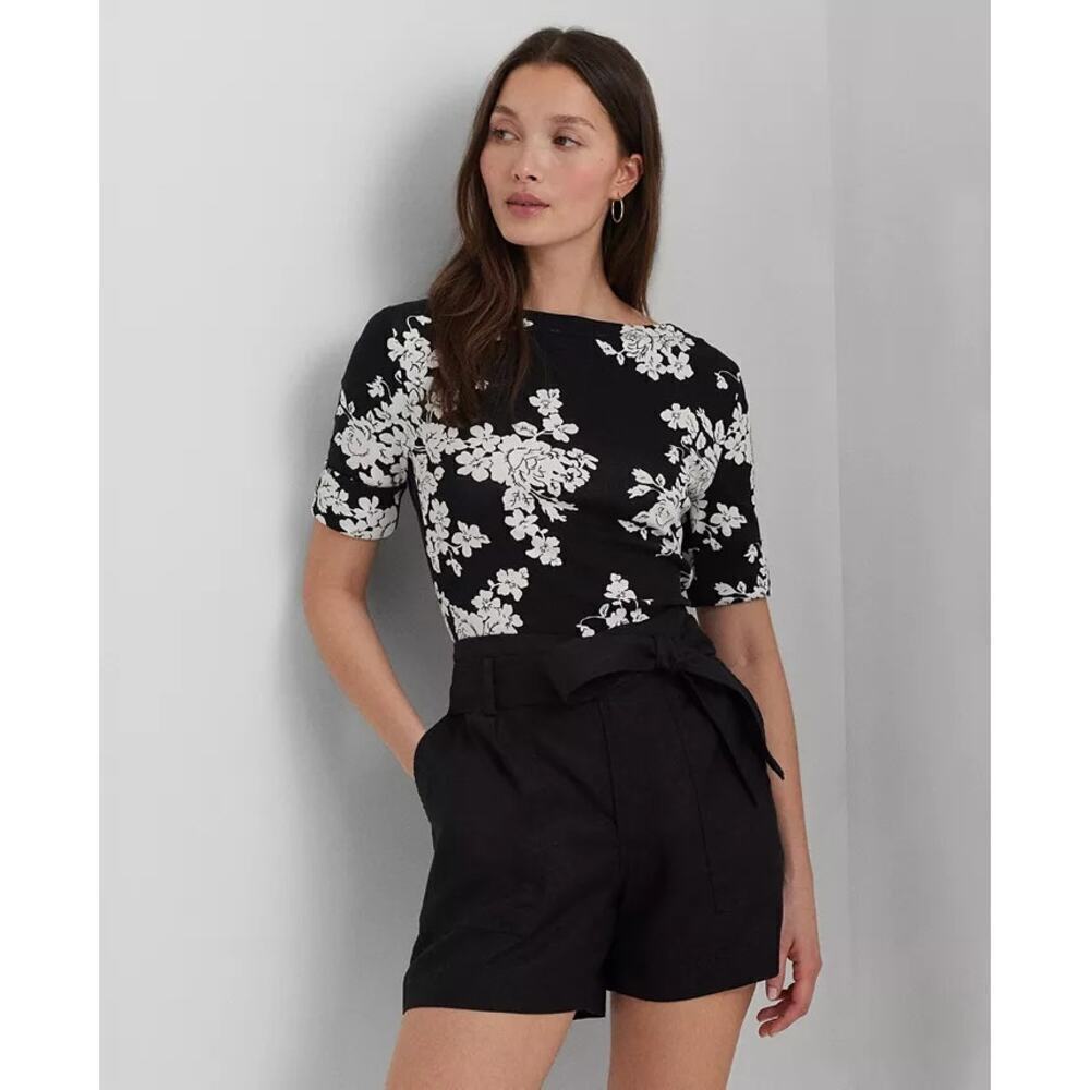 Lauren Ralph Lauren Women's Black Printed Boat-Neck T-Shirt Size XXL